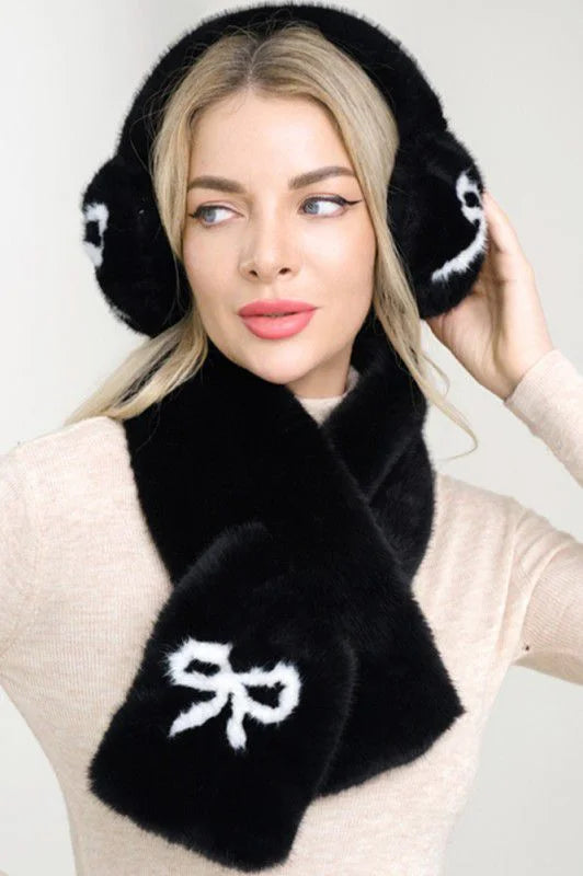 Chic Bow Fluffy Winter Scarf & Ear Muff Set - Black