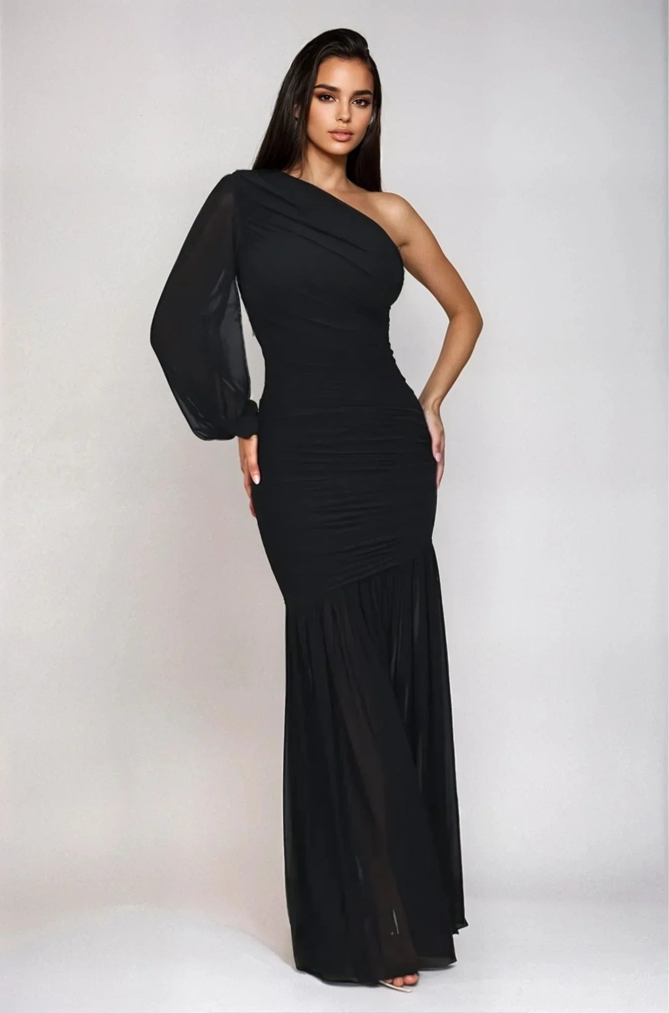 Ruched Chiffon Maxi Dress - Black
