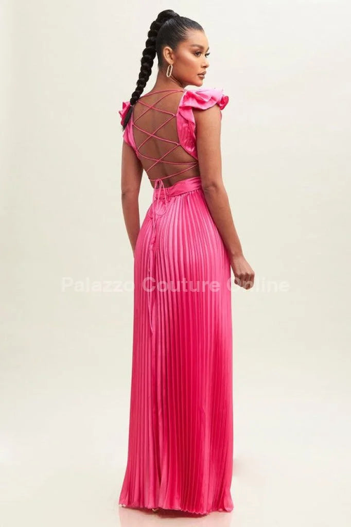 Ruffle Pleated Maxi Dress – Neon Pink Pleated Dress