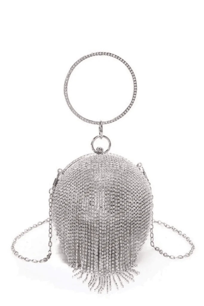 Shine On Me Silver Clutch with Rhinestone Fringe Ball Design