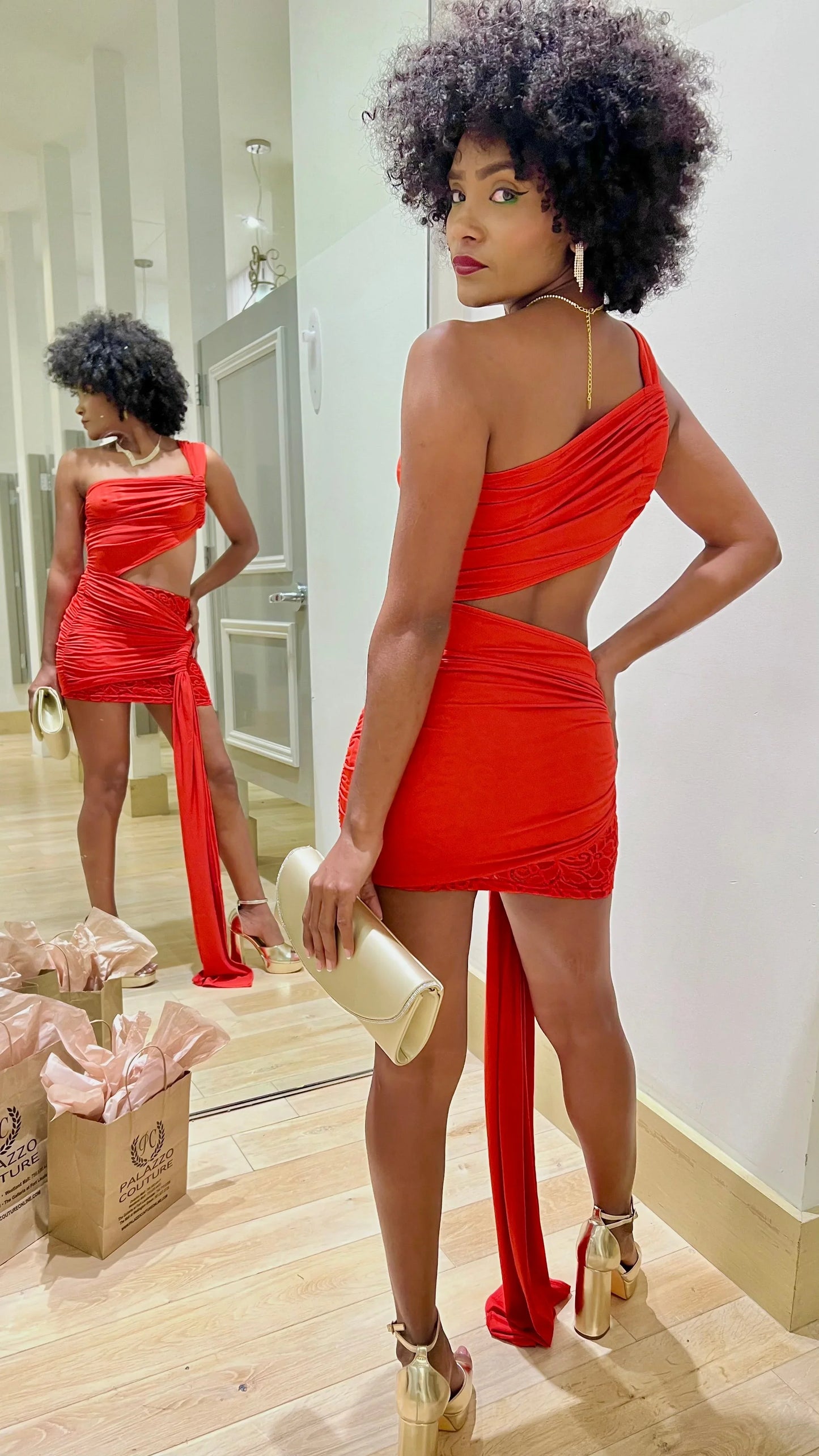 Sunshine One-Shoulder Lace Cutout Mini Dress - Red