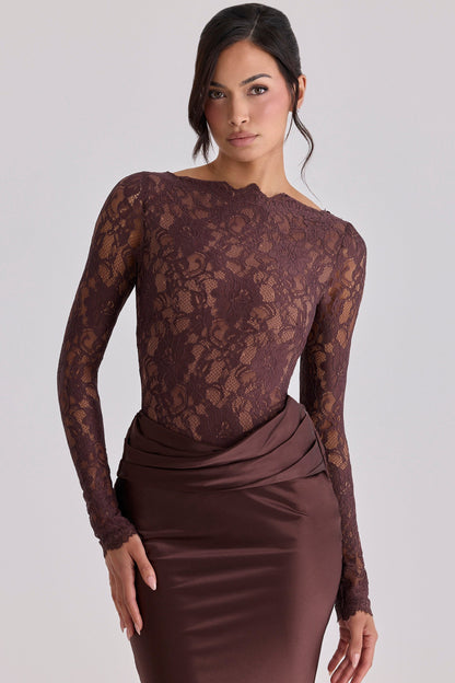 espresso brown lace + satin draped maxi dress