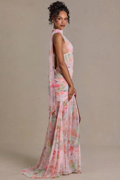 Embellished Scarf-Detail Maxi Dress in Pink Floral Print