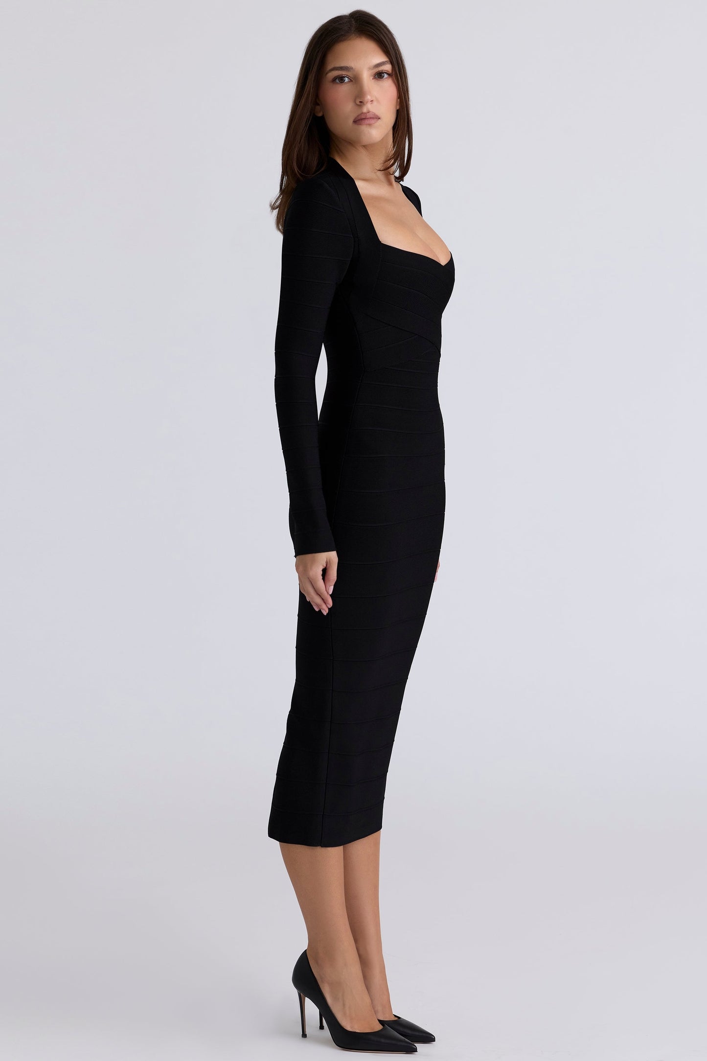 black long sleeve bandage midi dress