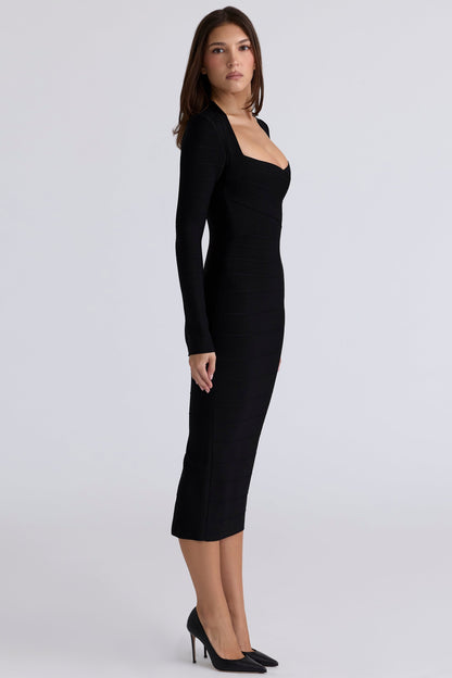 black long sleeve bandage midi dress