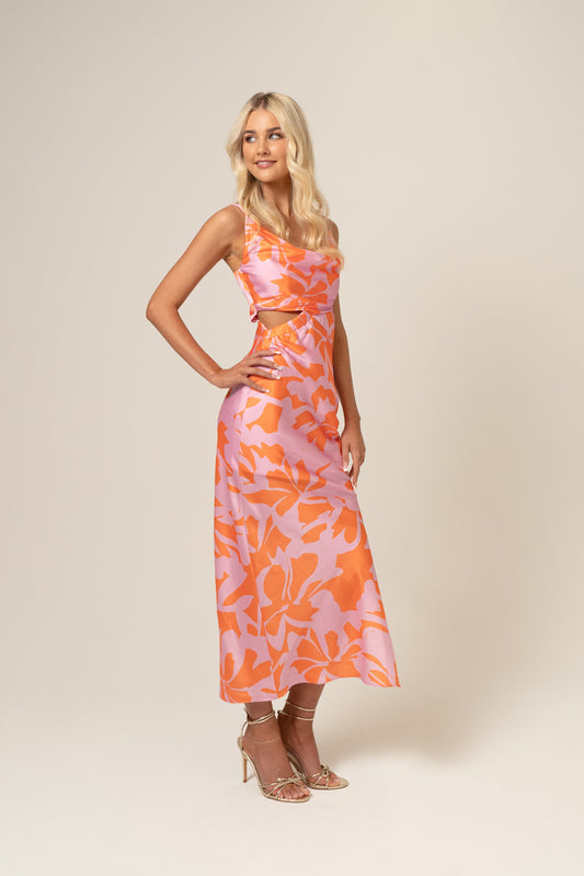 Sadie Satin Midi Dress with Waist Cut Out
