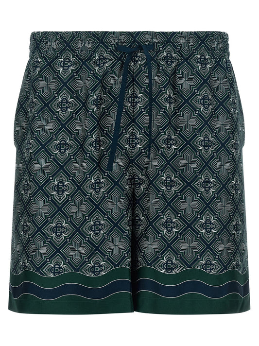 Casablanca Monogram-Print Silk Bermuda Shorts — Navy