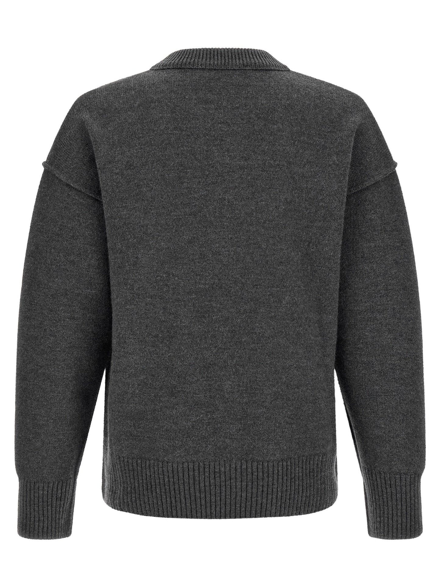 AMI Paris Wool Crewneck with Logo Intarsia Sweater — Gray