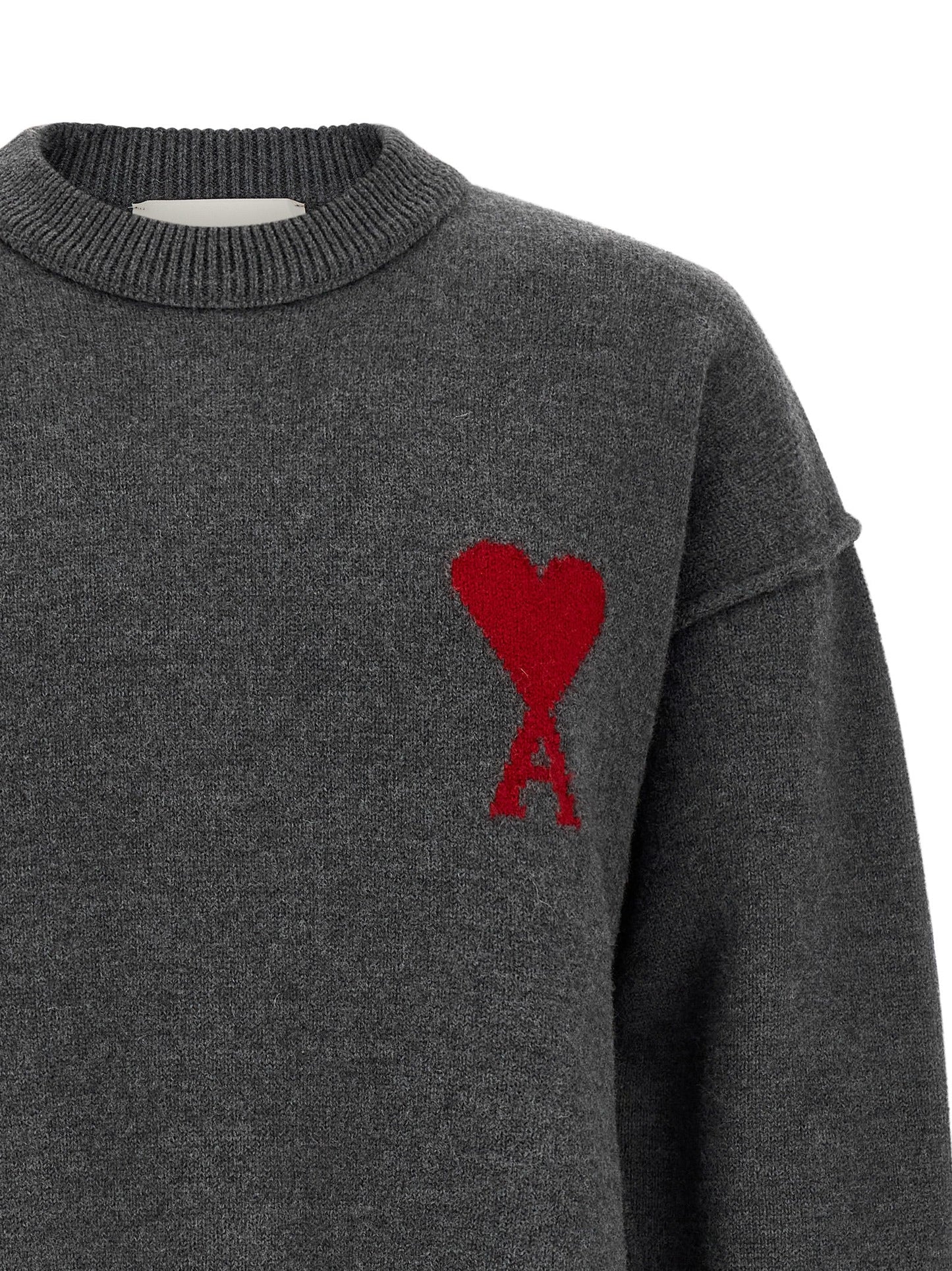 AMI Paris Wool Crewneck with Logo Intarsia Sweater — Gray