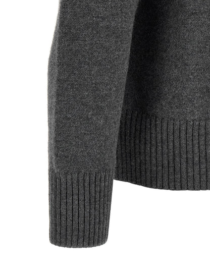 AMI Paris Wool Crewneck with Logo Intarsia Sweater — Gray