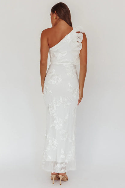 Deanna One-Shoulder Ruffle Maxi Dress Floral Texture White