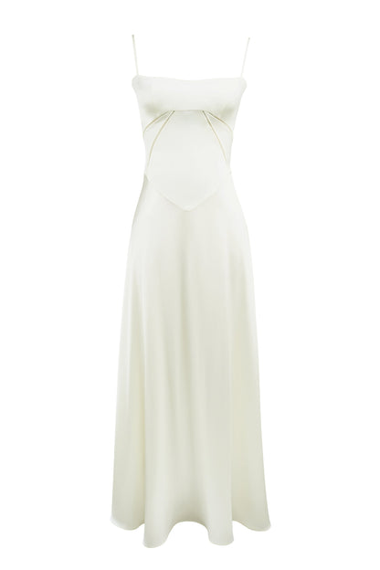 ivory satin lace up maxi dress