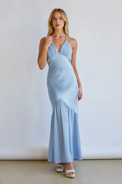 Lucinda Halter V-Neck Open Back Satin Midi Dress