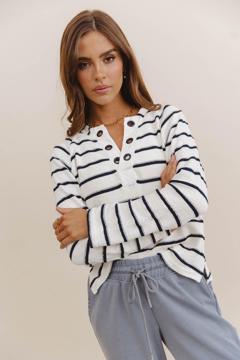 Franny Striped Grommet Top in Navy - FINAL SALE