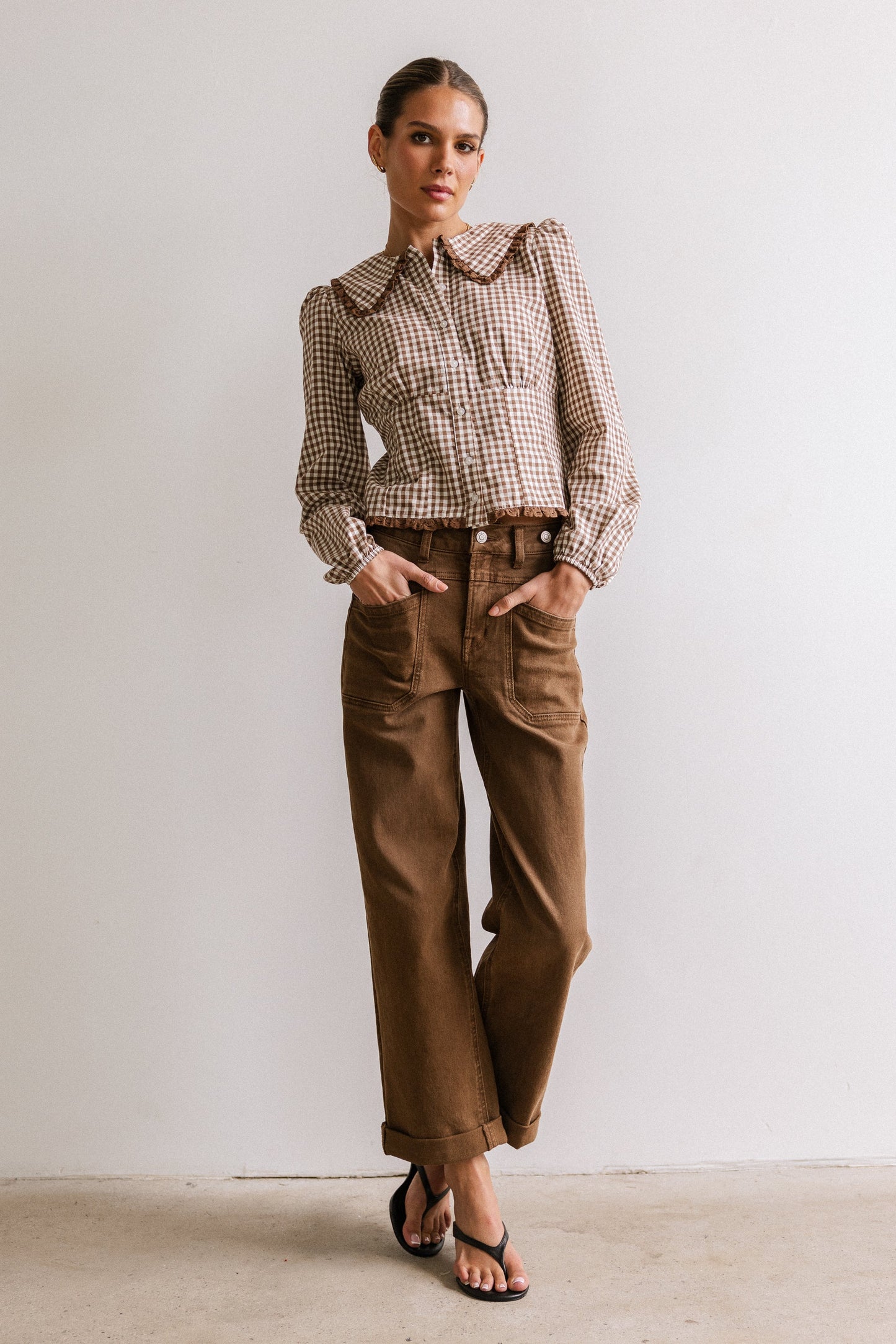 Brenna Gingham Blouse in Mocha - FINAL SALE