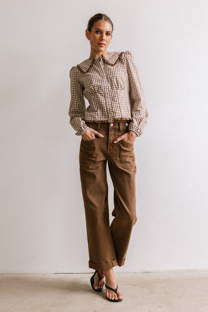 Brenna Gingham Blouse in Mocha - FINAL SALE