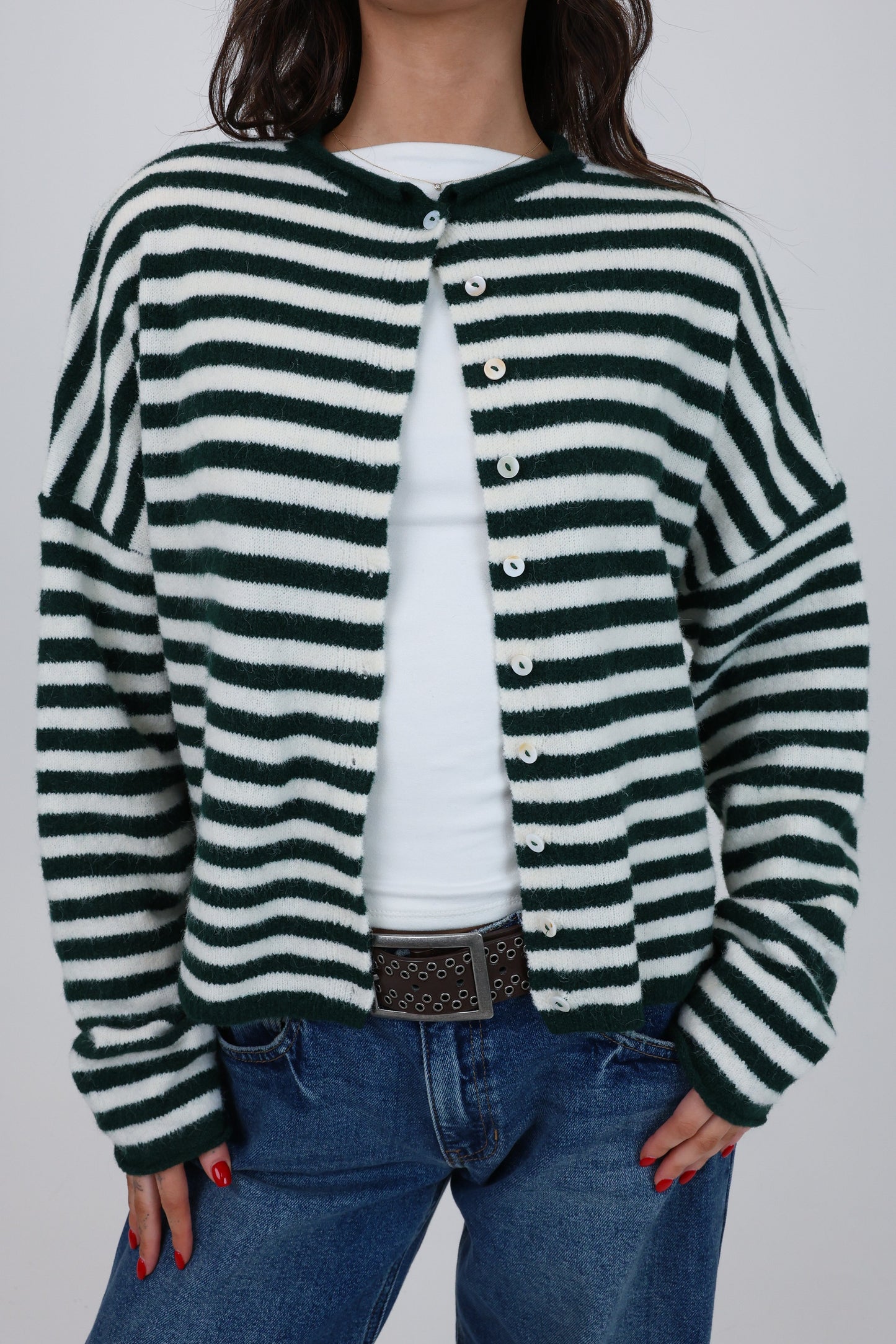 Phoebe Cardigan in Green/White Stripe