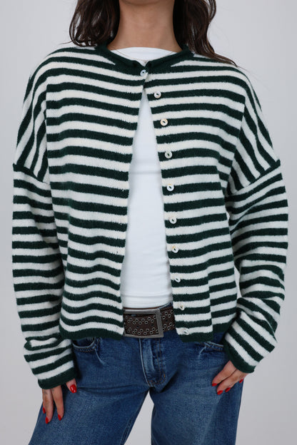 Phoebe Cardigan in Green/White Stripe