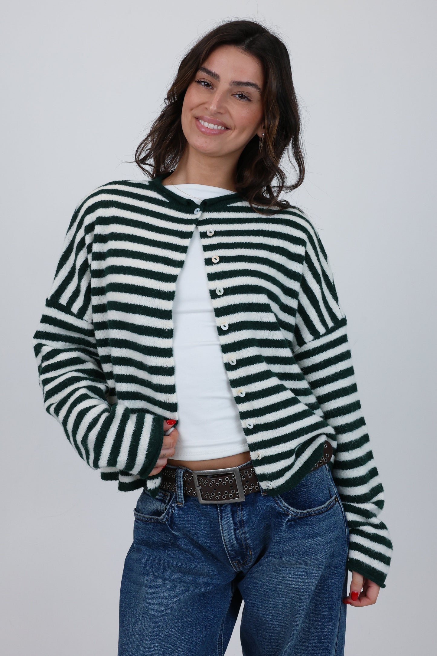 Phoebe Cardigan in Green/White Stripe