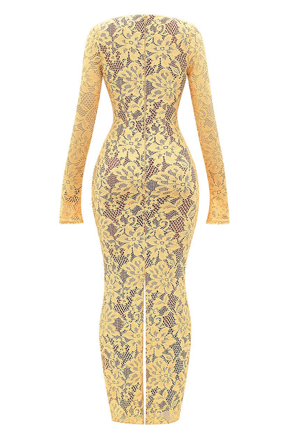apricot plunge lace maxi dress