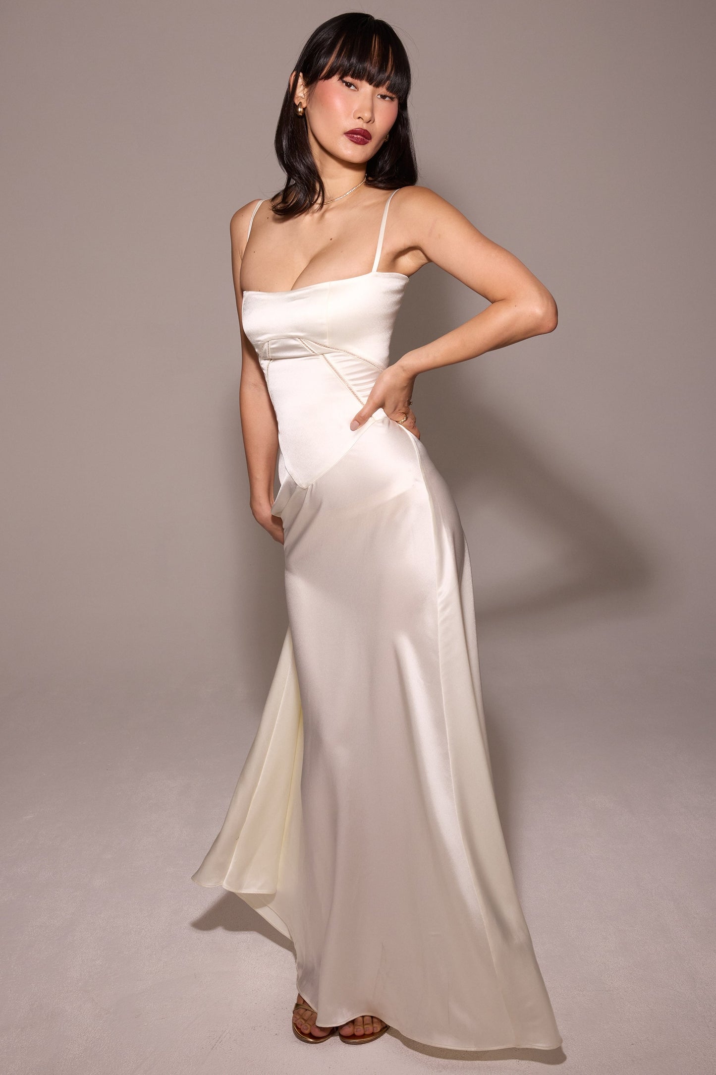 ivory satin lace up maxi dress