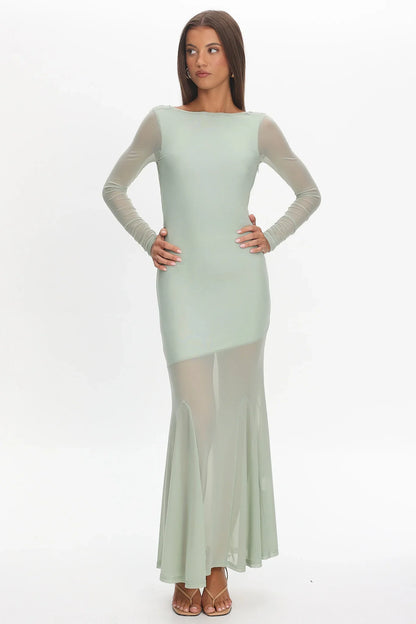 Lustre Long Sleeve Open Back Maxi Dress Sage