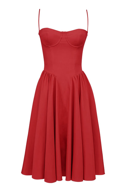 red gathered midi dress