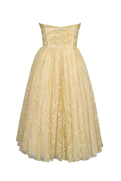 gold metallic lace tulle midi gown