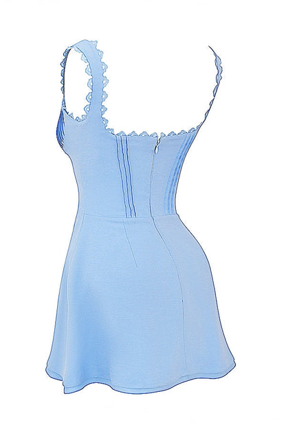 blue pin tuck mini dress