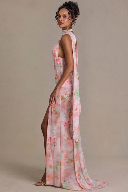 Embellished Scarf-Detail Maxi Dress in Pink Floral Print
