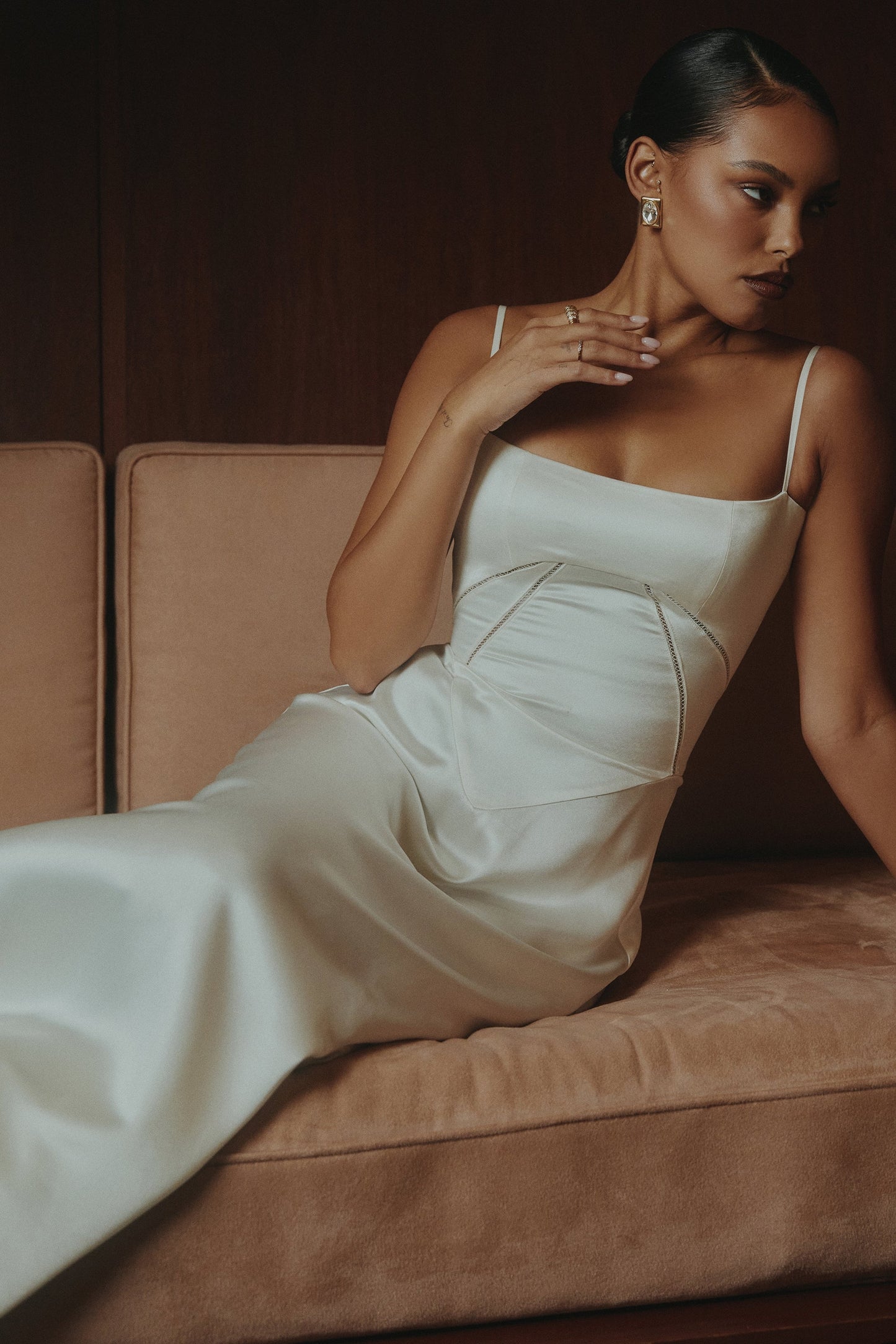 ivory satin lace up maxi dress