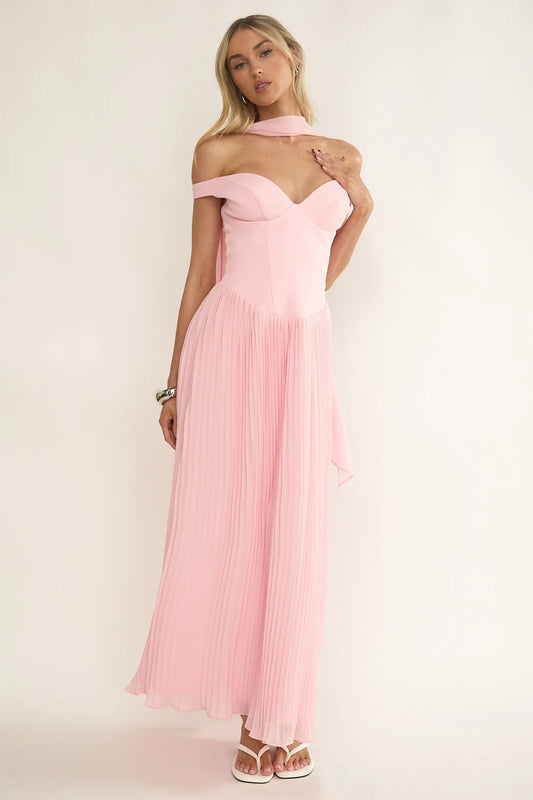 Quinnae Off-Shoulder Accordion Pleat Maxi Dress Pink
