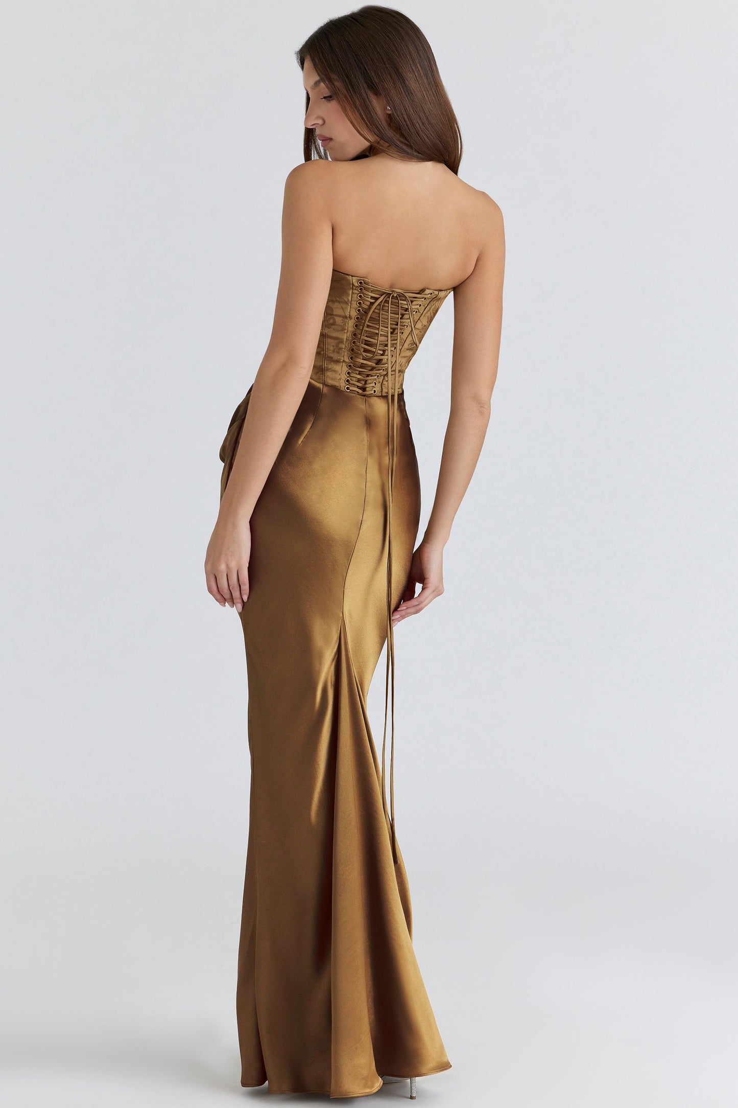bronze brocade satin corset maxi dress