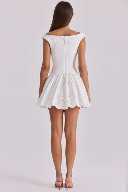 white cotton broderie anglaise boat neck mini dress