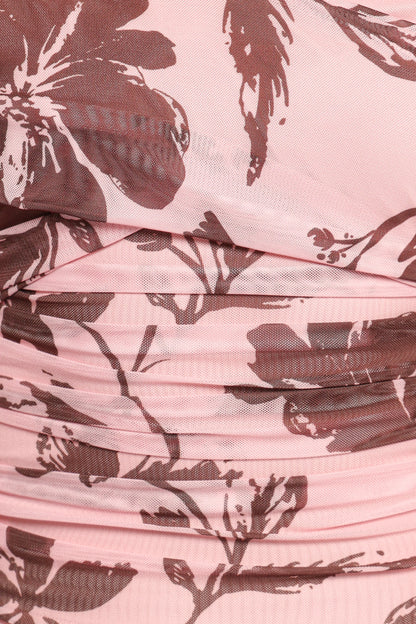Navida Off Shoulder Mesh Top - Pink Brown Floral