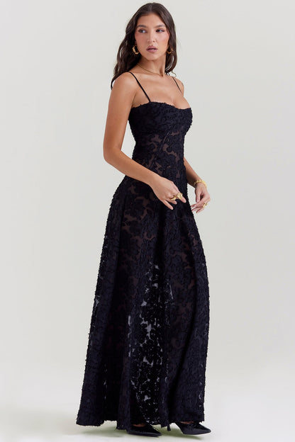 black floral lace back maxi dress