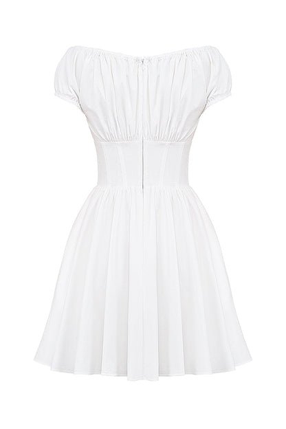 white cotton gathered mini dress