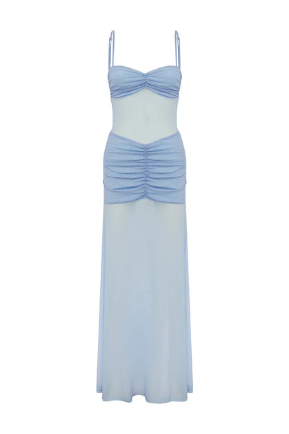 CASSIE GLITTER MESH MAXI DRESS - BLUEBELL