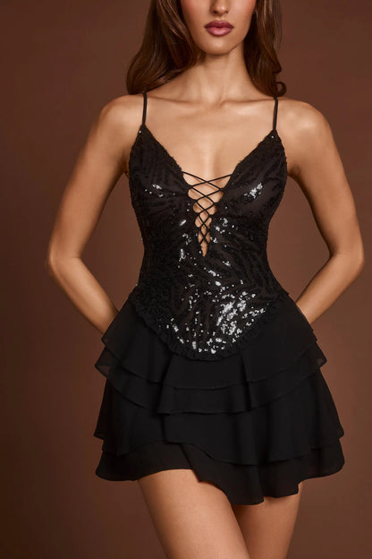 Embellished Lace-Up Ruffle Mini Dress in Black Zebra