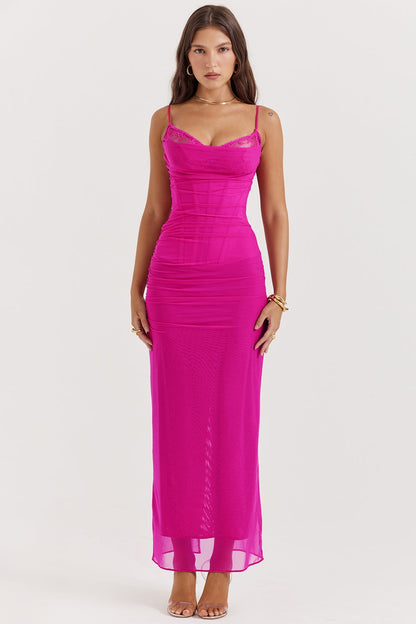fuchsia stretch mesh maxi dress