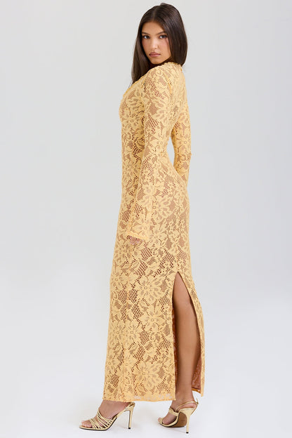 apricot plunge lace maxi dress