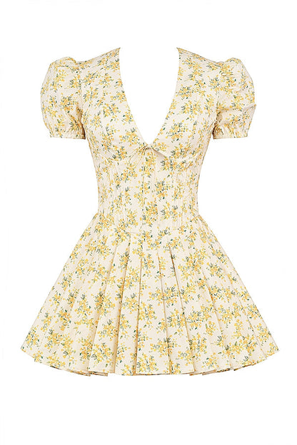 buttercup vintage floral print pleated cotton mini dress
