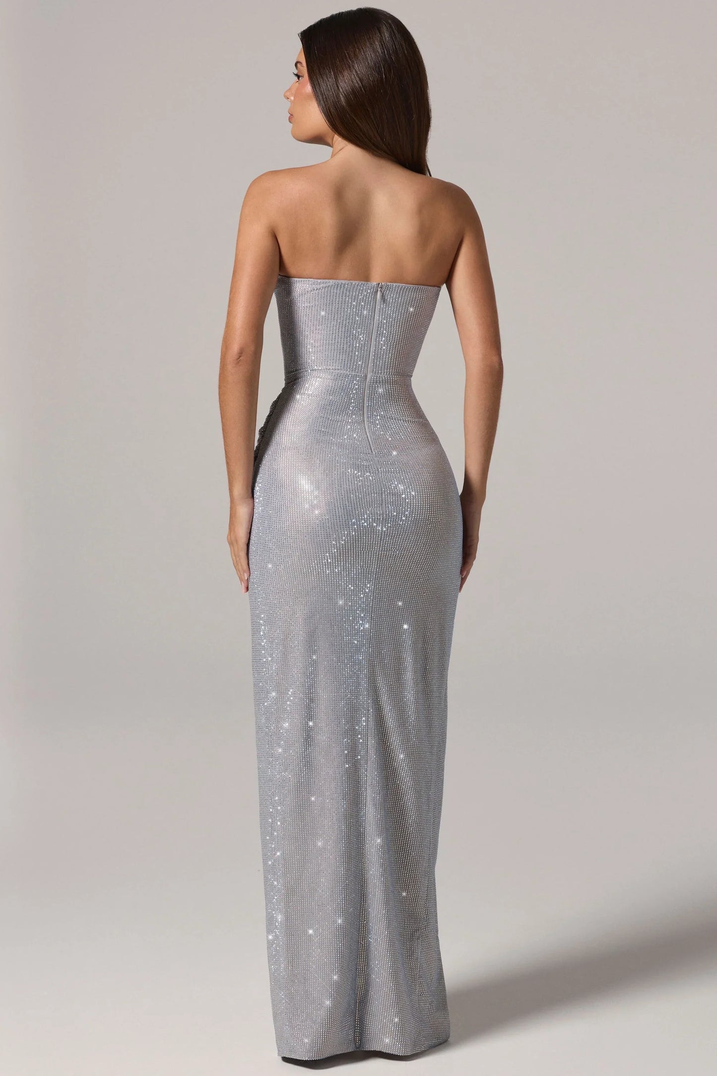 Embellished Bandeau Cowl-Waist Maxi Dress in Silver
