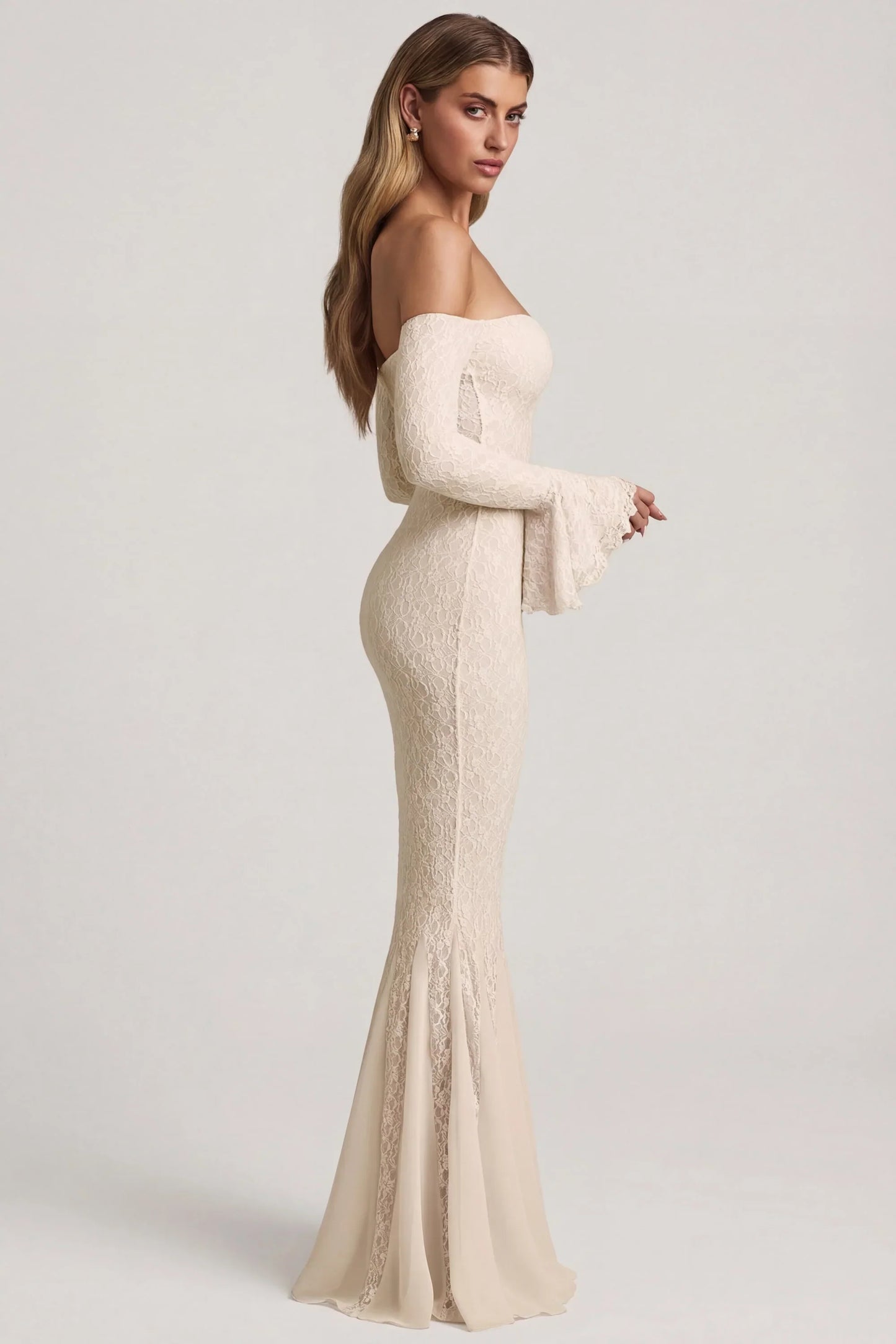 Off-Shoulder Ruffle Lace Maxi Dress in Ivory