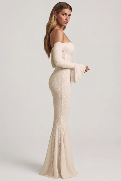 Off-Shoulder Ruffle Lace Maxi Dress in Ivory