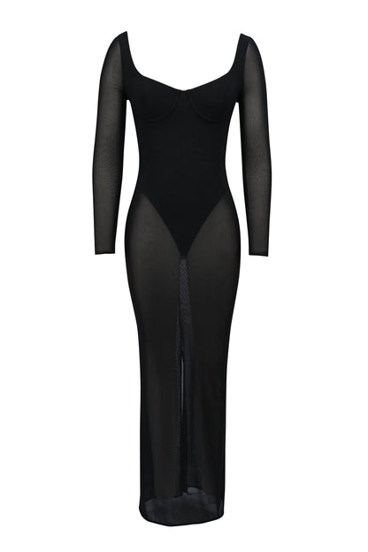black mesh maxi dress with bodysuit