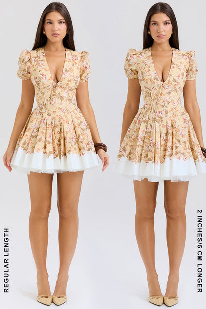 honeyflower print pleated cotton mini dress