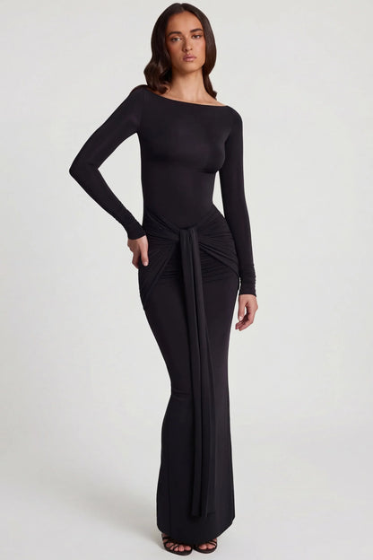 Soft Jersey Boat-Neck Tie-Gather Maxi Dress in Black