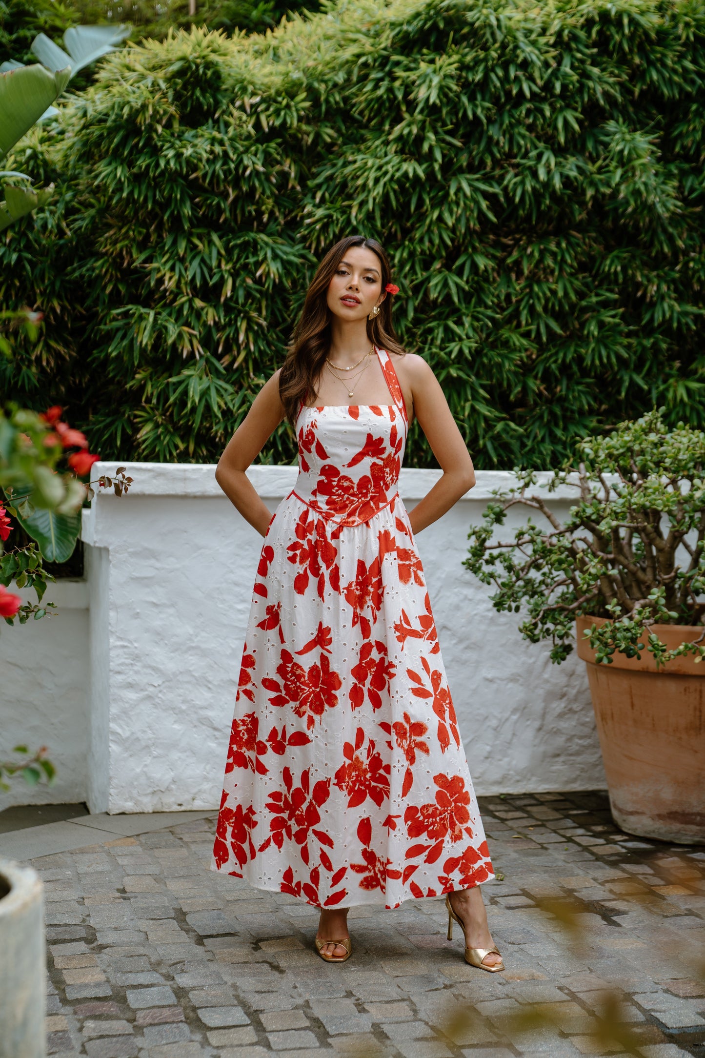 Cassie Red Floral Halter Neck Maxi Dress
