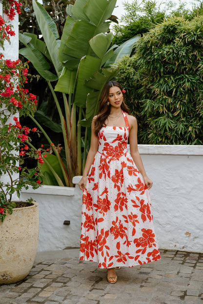 Cassie Red Floral Halter Neck Maxi Dress